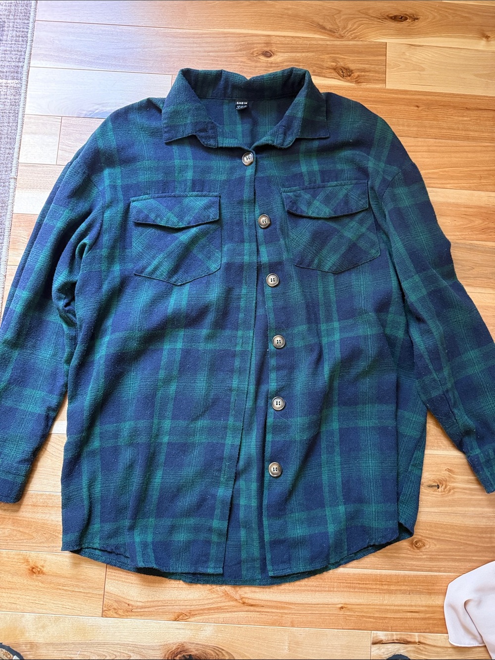 Casual Green & Navy Plaid Button-Up Shirt Oversized